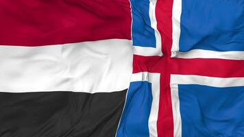 Yemen and Iceland Flags Together Seamless Looping Background, Looped Bump Texture Cloth Waving Slow Motion, 3D Rendering video