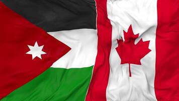 Canadá e Jordânia bandeiras juntos desatado looping fundo, em loop colisão textura pano acenando lento movimento, 3d Renderização video
