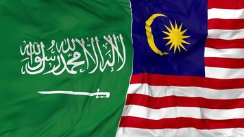 KSA, Kingdom of Saudi Arabia and Malaysia Flags Together Seamless Looping Background, Looped Bump Texture Cloth Waving Slow Motion, 3D Rendering video