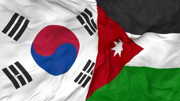 South Korea and Jordan Flags Together Seamless Looping Background, Looped Bump Texture Cloth Waving Slow Motion, 3D Rendering video
