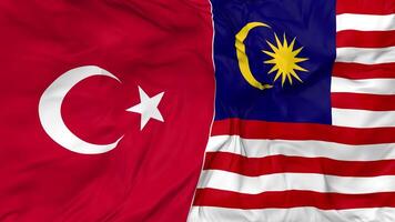 Turkey and Malaysia Flags Together Seamless Looping Background, Looped Bump Texture Cloth Waving Slow Motion, 3D Rendering video