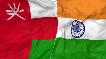 India and Oman Flags Together Seamless Looping Background, Looped Bump Texture Cloth Waving Slow Motion, 3D Rendering video