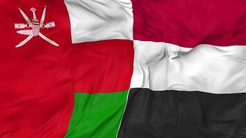 Yemen and Oman Flags Together Seamless Looping Background, Looped Bump Texture Cloth Waving Slow Motion, 3D Rendering video