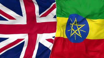 United Kingdom and Ethiopia Flags Together Seamless Looping Background, Looped Bump Texture Cloth Waving Slow Motion, 3D Rendering video