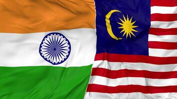 India and Malaysia Flags Together Seamless Looping Background, Looped Bump Texture Cloth Waving Slow Motion, 3D Rendering video