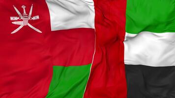 United Arab Emirates and Oman Flags Together Seamless Looping Background, Looped Bump Texture Cloth Waving Slow Motion, 3D Rendering video