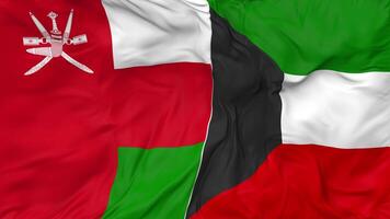 Kuwait y Omán banderas juntos sin costura bucle fondo, serpenteado bache textura paño ondulación lento movimiento, 3d representación video