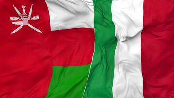 Italy and Oman Flags Together Seamless Looping Background, Looped Bump Texture Cloth Waving Slow Motion, 3D Rendering video