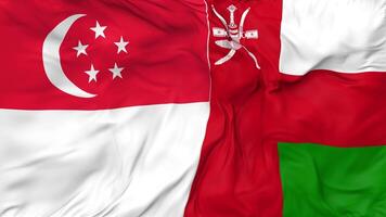 Singapore and Oman Flags Together Seamless Looping Background, Looped Bump Texture Cloth Waving Slow Motion, 3D Rendering video