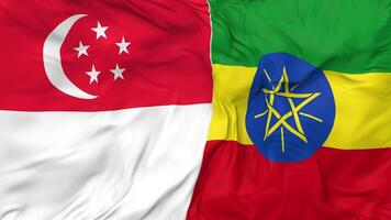 Singapore and Ethiopia Flags Together Seamless Looping Background, Looped Bump Texture Cloth Waving Slow Motion, 3D Rendering video