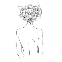 Graphic drawing by hand. An image of a naked girl with a collected female hairstyle and flowers. For the design of the site, business cards, hairdresser, labels for hair care products. Vector. vector