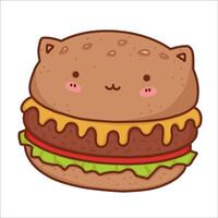 kawaii gato hamburguesa con queso mascota.dibujos animados vector icono ilustración.animal y comida icono concepto aislado en blanco fondo.plano dibujos animados estilo clipart para pegatina, tarjeta, camiseta diseño. linda café logo