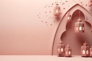 Eid mubarak and ramadan kareem greetings with islamic lantern and mosque. Eid al fitr background. Eid al fitr background of window concept by AI Generated photo