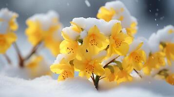Yellow corcus flower on snow representing spring is coming, Generative AI. photo