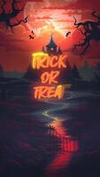 A spooky animation of a haunted house on Halloween night with the text 'Trick Or Treat'. A skull wreath is revealed at the end with the text 'Happy Halloween'. In a vertical smartphone  resolution video