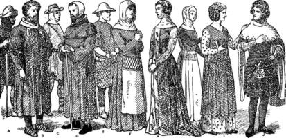 England Fourteenth Century Fashion, vintage illustration. vector