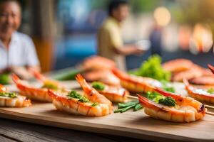 AI generated a man is standing in front of a table with shrimp. AI-Generated photo