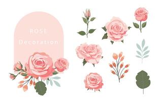 pink rose object element set with leaf.illustration vector for postcard,sticker