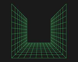 Distorted cyber grid. Cyberpunk geometry element y2k style. Isolated green mesh on black background. vector