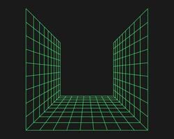 Distorted cyber grid. Cyberpunk geometry element y2k style. Isolated green mesh on black background. vector