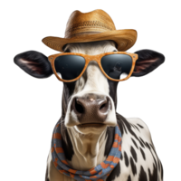 ai généré photo du visage de habillé en haut vache portant une costume et des lunettes de soleil dans png