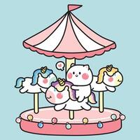 Cute cat sit on unicorn carousel in theme park.Pet cartoon character design.Animal hand drawn.Play and fun time.Meow lover.Kawaii.Vector.Illustration. vector