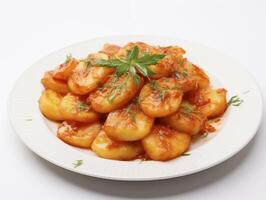 AI generated fried potatas bravas on white plate photo