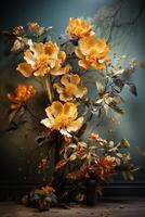 AI generated Close-up of a bouquet of white and blue flowers arranged in a vase on a dark blue background. The flowers are in full bloom and their petals are delicate and soft-looking. photo