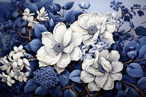 AI generated A close-up of a bouquet of white flowers with blue leaves arranged on a blue background. The flowers are in full bloom and their petals are delicate and soft-looking. photo