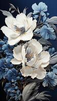 AI generated A close-up of a bouquet of white and blue flowers arranged on a dark blue background. The flowers are in full bloom and their petals are delicate and soft-looking. photo