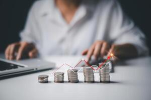Businesswoman working with modern computer calculator virtual dashboard analyzing finance sales data and economic growth graph chart and account report technology. photo