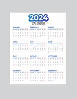 Monthly calendar template for 2024 year. Wall calendar in a minimalist style. Week Starts on Sunday. Planner for 2024 year.2024 simple calender design. vector