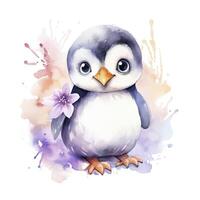 AI generated Watercolor fantasy Baby Penguin clip art isolated white background. AI Generated photo