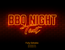 bbq text neon sign on brick wall background text effect and lettering for restaurant psd