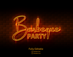 bbq text neon sign on brick wall background text effect and lettering for restaurant psd