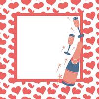 Vector valentines frame template with champagne and wine glasses. Hand drawn imperfect hearts on white background. Square composition. Good for social media, background, post, greeting card.