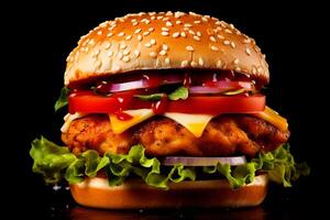 ai generado un pollo caliente hamburguesa con lechuga, tomate, cebolla y tomate rebanadas, un valores foto, Destacados en píxeles, fotorrealismo, foto de stock, valores foto, uhd imagen