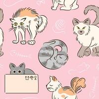 Seamless pink pattern of cats in different poses in sketch style. Fat cute cat lifestyle. Pets. The cat hissses, sleeps, hides sitting in box, walks. For fabric, wrapping, background. Fish bones vector