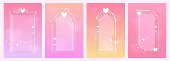 Decorative thin frames, Valentine day templates, empty borders in Y2K aesthetic on a gradient soft backgrounds. Vector illustration.