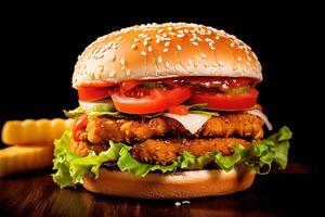 ai generado un pollo caliente hamburguesa con lechuga, tomate, cebolla y tomate rebanadas, un valores foto, Destacados en píxeles, fotorrealismo, foto de stock, valores foto, uhd imagen