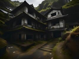 antiguo abandonado mansión en místico escalofriante bosque. el antiguo obsesionado casa de el crimen escena con oscuro atmósfera y Siniestro detalles me gusta en horror películas. gráfico recurso para de miedo escena. foto