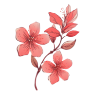 AI generated Hand-drawn pink flower with leaves in a nostalgic illustration, dotted, red and brown accents, inspired by Kinuko Y. Craft's dynamic sketching png