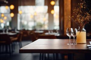 ai generado elegante minimalista mesa ajuste en exclusivo restaurante con suave bokeh antecedentes foto