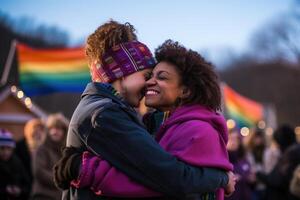 AI generated LGBT Lesbian couple love moments happiness.Lgbt relationship concept photo