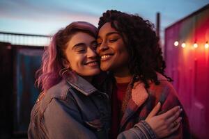 AI generated LGBT Lesbian couple love moments happiness.Lgbt relationship concept photo