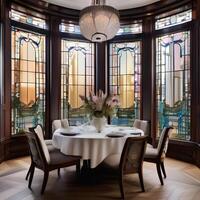 AI generated A luxurious art nouveau-inspired dining room with stained photo