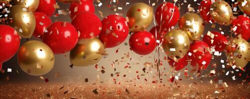 AI generated golden balloons with glittery red and white confetti, with an oktav background photo