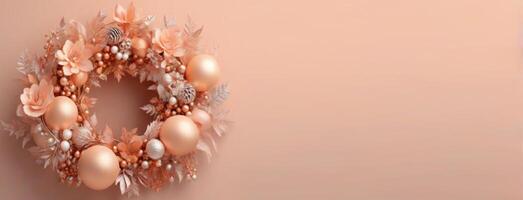 AI generated horizontal banner, Christmas decorations, Christmas wreath, peach fuzz, pantone color of the year, trend shade, place for text photo