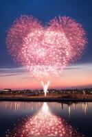 AI generated photo of fireworks in the shape of a heart, ideal for Valentine's Day or wedding-related promotions