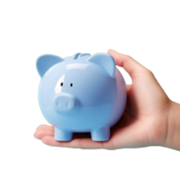 AI generated Hand Holding a Blue Piggy Bank Isolated on Transparent Background png